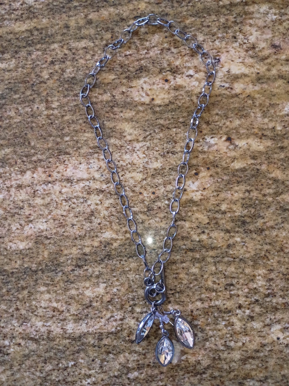 Silver Tone Chain Necklace with Clear Crystal Drops